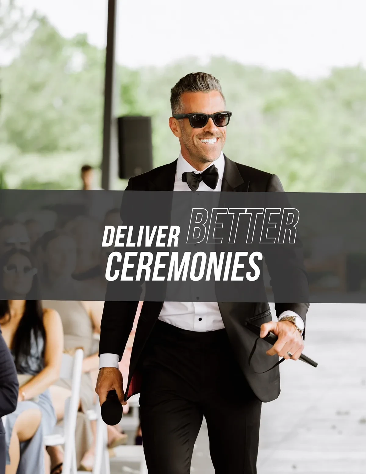Jeff Maeck officiating a wedding beneath the words Deliver Better Ceremonies.